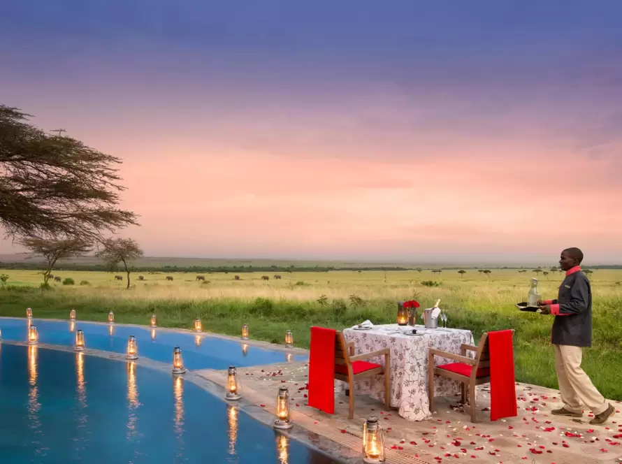 A romantic dinner setting under the sky on an acacia-dotted vast savannah with elephant view on a luxury African safari.